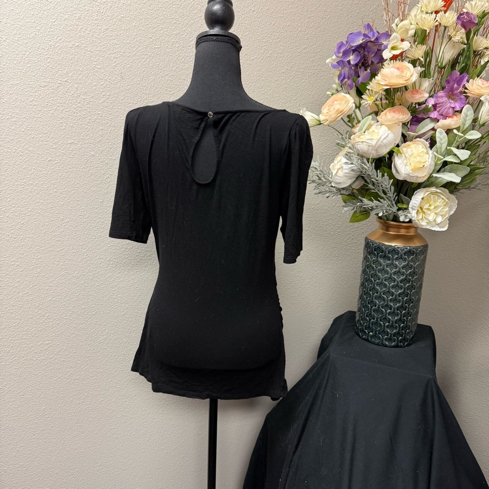 White House Black Market Black Ruched Sleeve Scoop Neck Top Women’s M - Picture 3 of 7